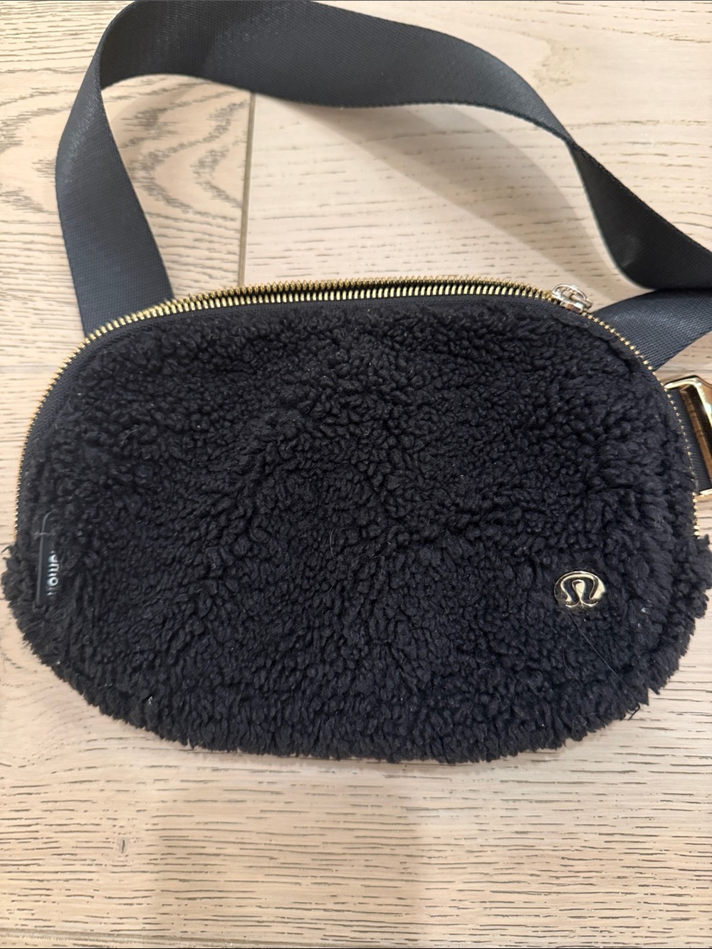 lululemon athletica Black Sherpa Crossbody Belt Bag with Gold Hardware